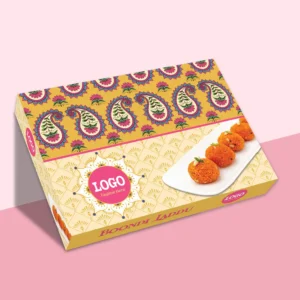 Premium boondi laddu sweet box packaging design template by Lakshay Design featuring traditional Indian mithai branding, luxury floral elements, festive color theme, and print-ready editable packaging artwork for sweet shops.