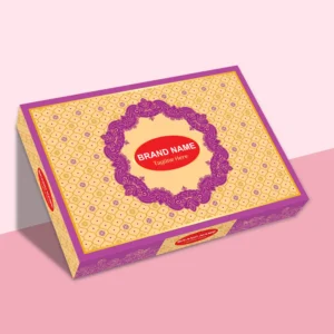 Premium luxury sweet packaging box design with elegant gold patterns, festive mithai box mockup, high-end Indian sweets packaging template for branding and gifting by Lakshay Design