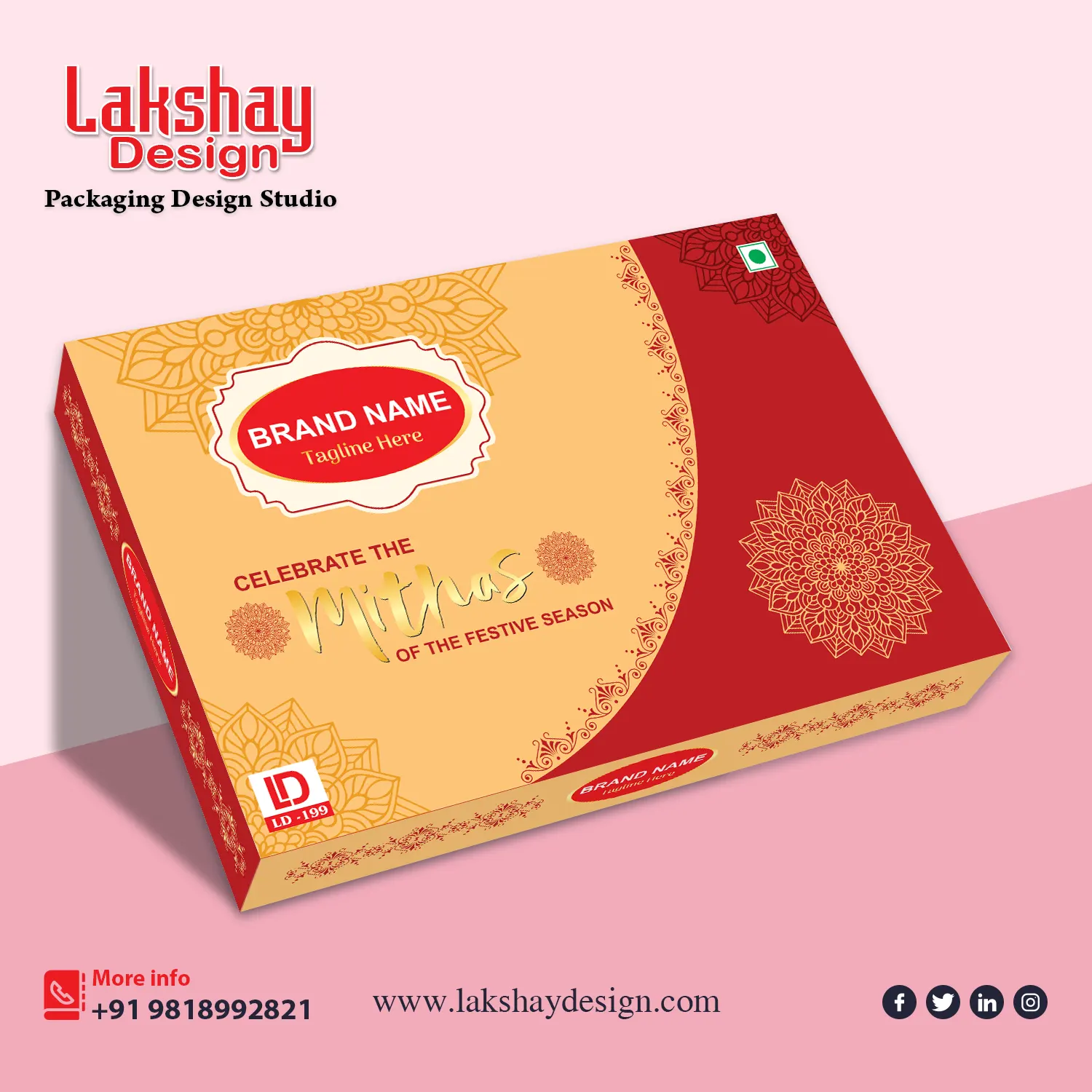 Elegant premium sweet box packaging design template with traditional Indian festive style layout, suitable for mithai, chocolates, and gift sweets packaging.
