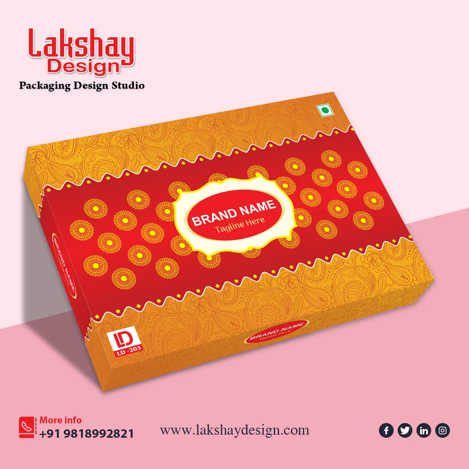 Traditional Indian mithai box packaging design template with ornamental border style, ideal for sweets shop branding and festival gift boxes.